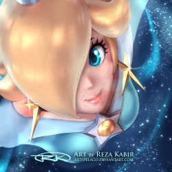 Rule 34 | 1girl, artist name, blonde hair, blue dress, blue eyes, dress, earrings, from above, hair over one eye, jewelry, mario (series), nintendo, rosalina, signature, smile, solo, star (symbol), super mario galaxy, the art mage, watermark, web address