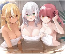 Rule 34 | 3girls, :d, :q, blonde hair, blue bow, bow, breasts, brown eyes, cleavage, collarbone, commentary, dark-skinned female, dark skin, green eyes, hair between eyes, hair bow, heterochromia, hololive, houshou marine, large breasts, looking at viewer, mole, mole on breast, mou tama maru, multicolored hair, multiple girls, naked towel, onsen, open mouth, pointy ears, ponytail, red eyes, red hair, shiranui flare, shirogane noel, smile, streaked hair, symbol-only commentary, tongue, tongue out, towel, twintails, two-tone hair, virtual youtuber, water, white hair, yellow eyes