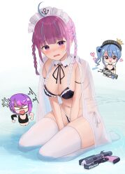 Rule 34 | 3girls, absurdres, ahoge, anger vein, bikini, black ribbon, blue hair, blunt bangs, blush, braid, breasts, cleavage, commentary request, detached collar, drill hair, embarrassed, french braid, gun, heart, highres, hololive, hoshimachi suisei, long hair, looking at viewer, maid headdress, medium breasts, minato aqua, multicolored hair, multiple girls, navel, open mouth, purple eyes, purple hair, ribbon, seiza, side ponytail, sidelocks, sitting, startend (hololive), streaked hair, swimsuit, tearing up, thighhighs, tojo aoi, tokoyami towa, twin braids, twin drills, twintails, two-tone hair, virtual youtuber, weapon, white thighhighs