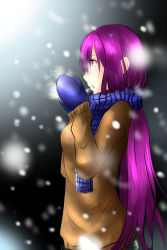 Rule 34 | 1girl, blizzard, blue scarf, brown jacket, coat, fate/grand order, fate (series), gloves, highres, jacket, long hair, purple hair, red eyes, scarf, scathach (fate), scathach (fate), snow, snowing, solo, sweater, very long hair, warming, warming hands, winter, winter clothes, winter coat