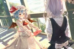 Rule 34 | 2girls, ascot, bad id, bad pixiv id, bat wings, blue hair, blush, bou shaku, brooch, cherry blossoms, confession, hat, hat ribbon, izayoi sakuya, jewelry, letter, long sleeves, love letter, maid, maid headdress, mob cap, multiple girls, outstretched arms, petals, puffy sleeves, red eyes, remilia scarlet, ribbon, sash, shirt, short sleeves, silver hair, skirt, skirt set, touhou, wings, yuri