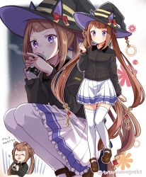 Rule 34 | &gt; &lt;, 1girl, animal ears, blush, brown hair, can, canned coffee, commentary request, drink can, enkichi totan, hair rings, hat, highres, horse ears, horse girl, horse tail, jacket, loafers, long hair, long sleeves, looking at viewer, multiple views, pleated skirt, purple eyes, shoes, sidelocks, skirt, solo, squatting, sweep tosho (umamusume), tail, thighhighs, tongue, tongue out, twintails, twitter username, umamusume, very long hair, white skirt, white thighhighs, witch hat, zettai ryouiki