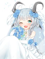 Rule 34 | 1girl, bouquet, dragon girl, dragon horns, dress, fang, flower, gloves, green eyes, grey hair, highres, holding, holding bouquet, horns, key, konowa (pixiv30906526), one eye closed, open mouth, petals, rune factory, rune factory 4, simple background, solo, syelzaweed, wedding dress, white background, white dress, white gloves