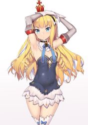 Rule 34 | &gt;:o, 1girl, anchor symbol, armpits, arms up, azur lane, bare shoulders, blonde hair, blue dress, blue eyes, breasts, cleavage, commentary request, covered navel, cowboy shot, cross, crown, detached collar, detached sleeves, dress, gloves, hair ribbon, headband, long hair, looking at viewer, mini crown, nagase haruhito, parted lips, queen elizabeth (azur lane), ribbon, ringlets, sidelocks, simple background, skin tight, skirt, small breasts, solo, thighhighs, v-shaped eyebrows, wavy hair, white background, white gloves, white skirt, white thighhighs, zettai ryouiki