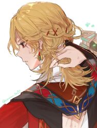 Rule 34 | 1boy, blonde hair, cape, earrings, facing away, genshin impact, hair ornament, hairpin, highres, jewelry, kaveh (genshin impact), long sleeves, looking to the side, male focus, medium hair, mehrak (genshin impact), omuomu 06, parted lips, red cape, red eyes, shirt, solo, teeth, white background, white shirt
