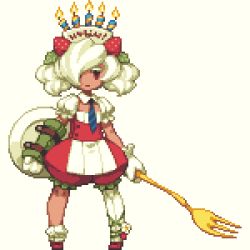 Rule 34 | 1girl, cake, candle, dress, food, fork, fruit, full body, lowres, necktie, original, pixel art, red eyes, shield, solo, standing, strawberry, transparent background, uruchimai, white hair