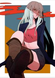 Rule 34 | 1girl, arms behind back, black shorts, blue jacket, boots, breasts, brown footwear, brown thighhighs, cigarette holder, closed mouth, collarbone, crop top, crossed legs, feet out of frame, highres, jacket, long hair, long sleeves, looking at viewer, medium breasts, open clothes, open jacket, original, red eyes, red shirt, shinoda giri, shirt, shorts, simple background, sitting, solo, thighhighs, white hair