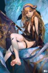 Rule 34 | 1girl, arknights, black dress, blue eyes, blue hairband, blush, breasts, brown hair, commentary request, crossed legs, dm (dai miao), dress, feet, flag, flagpole, foot out of frame, hair between eyes, hairband, highres, horns, jewelry, large breasts, long hair, long sleeves, looking at viewer, no shoes, parted lips, pointy ears, ring, saileach (arknights), sitting, soles, solo, stirrup legwear, tail, thigh strap, toeless legwear, toes, very long hair, white legwear