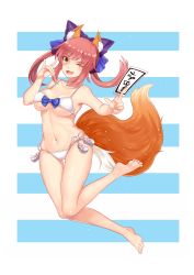 Rule 34 | 10s, 1girl, \m/, animal ears, bikini, breasts, cleavage, collarbone, fang, fate/extra, fate/extra ccc, fate/grand order, fate (series), fox ears, fox tail, groin, hair ribbon, highres, ki (jikexiuga), large breasts, looking at viewer, navel, official alternate costume, one eye closed, open mouth, pink hair, ribbon, solo, swimsuit, tail, tamamo (fate), tamamo no mae (fate/extra), tamamo no mae (sexy bikini) (fate), underboob, yellow eyes