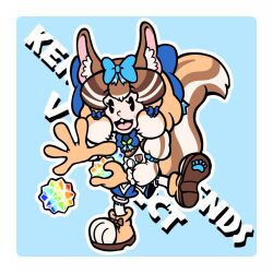 Rule 34 | 1girl, animal ears, blue background, boots, brown hair, chipmunk ears, chipmunk girl, chipmunk tail, extra ears, full body, gem, gloves, highres, kemono friends, kemono friends v project, looking at viewer, microphone, r1chardroe, ribbon, shirt, short hair, shorts, siberian chipmunk (kemono friends), simple background, solo, tail, thighhighs, vest, virtual youtuber