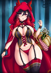 Rule 34 | 1girl, basket, black hair, bottle, bread, breasts, cape, cleavage, commentary, cosplay, cowboy shot, cross-laced clothes, cross-laced top, english commentary, flower, food, garter straps, gradient hair, grimm&#039;s fairy tales, hair between eyes, highres, holding, holding basket, large breasts, little red riding hood, little red riding hood (grimm), little red riding hood (grimm) (cosplay), looking at viewer, multicolored eyes, multicolored hair, orange eyes, original, panties, patreon username, red cape, red hair, red hood, sevie, solo, suco (sevie), thighhighs, thighs, twitter username, underwear, yellow eyes