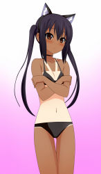 Rule 34 | 1girl, animal ears, bare shoulders, bikini, black hair, blush, breasts, brown eyes, cat ears, choker, covering privates, covering breasts, flat chest, gradient background, highres, k-on!, kenken, long hair, nakano azusa, one-piece tan, solo, swimsuit, tan, tanline, thigh gap, twintails