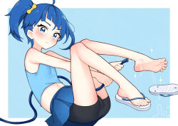 Rule 34 | 1girl, ahoge, bare legs, bare shoulders, barefoot, black shorts, blue background, blue eyes, blue hair, blue skirt, blue tank top, bow, breasts, feet, full body, hair bow, highres, hirogaru sky! precure, holding, hose, knees together feet apart, leaning back, legs, looking at viewer, midriff, navel, nishikasai munieru, pleated skirt, precure, sandals, shiny skin, shorts, side ponytail, skirt, small breasts, solo, sora harewataru, sparkle, spread toes, tank top, thighs, toenails, toes, water, yellow bow
