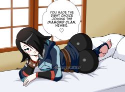Rule 34 | 1girl, artist name, ass, bed, belt, black hair, blue eyes, blush, cheek rest, come hither, creatures (company), english text, game freak, hair down, hair over one eye, highres, hood, hoodie, huge ass, leggings, lying, mai (pokemon), mergeritter, nintendo, on side, pillow, pokemon, pokemon legends: arceus, second-party source, seductive smile, smile, solo, speech bubble, toeless legwear