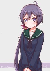 Rule 34 | 1girl, absurdres, ahoge, akebono (kancolle), blue shirt, blue skirt, blush, closed mouth, collaboration, disco brando, green sailor collar, grey background, highres, jacy, kantai collection, long hair, long sleeves, looking at viewer, pleated skirt, ponytail, purple eyes, purple hair, sailor collar, school uniform, serafuku, shirt, signature, simple background, skirt, solo, standing, twitter username, upper body, very long hair