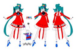 Rule 34 | 1girl, aqua hair, blue footwear, character sheet, commentary, dress, eiku, facing viewer, full body, hatsune miku, highres, long hair, looking at viewer, multiple views, psi (vocaloid), simple background, smile, twintails, very long hair, vocaloid, white background