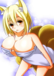 Rule 34 | 1girl, animal ears, blonde hair, bow, breasts, fox ears, hand on own chest, huge breasts, inclined, large breasts, looking at viewer, merry (diameri), open mouth, short hair, solo, tail, touhou, towel, yakumo ran, yellow eyes