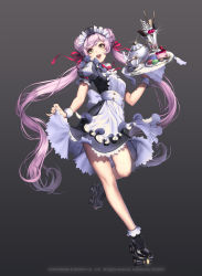 Rule 34 | 1girl, braid, cake, candy, chaos online, checkerboard cookie, chocolate, chocolate bar, cookie, cup, food, full body, happy, highres, ice cream, long hair, love cacao, macaron, maid, maid headdress, parfait, pocky, purple hair, roller skates, skates, solo, standing, standing on one leg, teacup, teapot, tray, twintails, tyria (chaos heroes online), tyria (chaos online), very long hair, yellow eyes