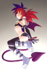 Rule 34 | 1girl, absurdres, bat wings, choker, closed mouth, demon girl, demon tail, disgaea, earrings, elbow gloves, etna (disgaea), flat chest, gloves, highres, jewelry, looking at viewer, navel, pointy ears, red eyes, red hair, simple background, skirt, skull earrings, smile, solo, tail, thighhighs, turiganesou800, twintails, wings