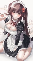 Rule 34 | 1girl, :q, alternate breast size, alternate costume, apron, black dress, black footwear, blush, boo tao (genshin impact), bow, bowtie, breasts, brown hair, cleavage, closed mouth, dress, enmaided, flower, frilled apron, frills, genshin impact, ghost, grey background, gusim, hair flower, hair ornament, hand up, highres, hu tao (genshin impact), juliet sleeves, large breasts, licking lips, long hair, long sleeves, looking at viewer, maid, maid apron, maid headdress, plum blossoms, puffy sleeves, red bow, red bowtie, red flower, revision, sidelocks, simple background, sitting, socks, solo, tongue, tongue out, twintails, wariza, white apron, white socks