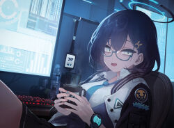 Rule 34 | 1girl, bags under eyes, black hair, blue-framed eyewear, blue archive, blue necktie, bottle, chair, chihiro (blue archive), clock, collared shirt, cup, digital clock, glasses, green eyes, hair ornament, halo, highres, holding, holding cup, jacket, keyboard (computer), long sleeves, looking at viewer, mo ne, necktie, open clothes, open jacket, open mouth, pepsi, seven-segment display, shirt, short hair, sitting, solo, watch, white shirt, wristwatch