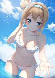 Rule 34 | 1girl, bare arms, bare shoulders, bikini, blue eyes, blue hairband, blue sky, blush, breasts, brown hair, cleavage, closed mouth, cloud, commentary request, day, frilled bikini, frills, girls&#039; frontline, hair between eyes, hair bun, hair ornament, hairband, halterneck, hand up, highres, horizon, leaning forward, medium breasts, ocean, official alternate costume, outdoors, reaching, reaching towards viewer, side bun, single hair bun, single side bun, sky, smile, snowflake hair ornament, solo, standing, suomi (girls&#039; frontline), suomi (midsummer pixie) (girls&#039; frontline), swimsuit, water, white bikini, white clover (unfy8472)