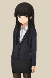 Rule 34 | 1girl, alternate costume, blunt bangs, brown eyes, brown hair, chagamaka, expressionless, flat chest, formal, hatsuyuki (kancolle), highres, kantai collection, long hair, looking to the side, office lady, pantyhose, sidelocks, skirt, skirt suit, solo, suit, very long hair