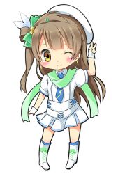 Rule 34 | 10s, 1girl, ;), blush, brown eyes, brown hair, chibi, hat, karaage3, long hair, looking at viewer, love live!, love live! school idol project, minami kotori, one eye closed, one side up, simple background, skirt, smile, solo, transparent background, v, white background, wink, wonderful rush