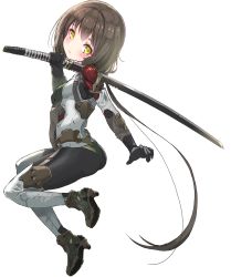 Rule 34 | 1girl, absurdres, armor, ass, black gloves, blade, bodysuit, boots, breasts, commentary, from side, full body, gloves, head tilt, highres, holding, holding sword, holding weapon, legs up, light brown hair, long hair, looking at viewer, low ponytail, mecha musume, mechanical parts, oota youjo, original, over shoulder, simple background, small breasts, solo, sword, sword over shoulder, tareme, very long hair, weapon, weapon over shoulder, white background, yellow eyes