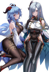 Rule 34 | 2girls, absurdres, ahoge, bare shoulders, bell, black bodysuit, black gloves, blue hair, bodysuit, breast curtain, breasts, brown bodysuit, cape, closed mouth, commentary, covered navel, detached sleeves, earrings, eternity (shadeh), eyes visible through hair, feet out of frame, ganyu (genshin impact), genshin impact, gloves, goat horns, hair between eyes, hair over one eye, hand on own chest, high heels, highres, horns, jewelry, large breasts, long hair, long sleeves, looking at viewer, multiple girls, neck bell, parted lips, partially fingerless gloves, purple eyes, shenhe (genshin impact), silver hair, simple background, sitting, thigh gap, thighs, very long hair, white background