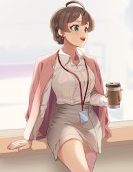Rule 34 | 1girl, ahoge, blouse, braid, brown hair, cardigan, coffee cup, collared shirt, commentary, cup, disposable cup, earrings, green eyes, grey skirt, high-waist skirt, highres, holding, idolmaster, idolmaster million live!, idolmaster million live! theater days, indoors, jacket, jacket on shoulders, jewelry, kamille (vcx68), lanyard, long sleeves, looking to the side, miniskirt, nail polish, office lady, open mouth, pencil skirt, pink cardigan, pink nails, sakuramori kaori, see-through, see-through legwear, shirt, short hair, sitting, skirt, smile, solo, standing, white shirt