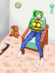 Rule 34 | bad id, bad pixiv id, bdsm, bondage, bound, chair, crotch rope, gag, gagged, green hair, mouth hold, rope, sex toy, shibari, shibari over clothes, tied to chair