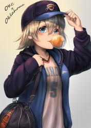 Rule 34 | 1girl, adjusting clothes, adjusting headwear, azur lane, ball, baseball cap, basketball, basketball (object), basketball uniform, blonde hair, blue eyes, blowing bubbles, chewing gum, commentary request, gradient background, grey background, hat, highres, jacket, jersey, kendrick perkins, logo, long sleeves, looking at viewer, name connection, national basketball association, oklahoma (azur lane), oklahoma city thunder, short hair, solo, sportswear, track jacket, upper body, yakkuro