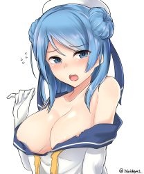 Rule 34 | 1girl, absurdres, areola slip, arm up, blue eyes, blue hair, blush, breasts, collarbone, double bun, embarrassed, flying sweatdrops, gloves, hair bun, hat, highres, kantai collection, kiritto, large breasts, long hair, looking at viewer, neckerchief, off shoulder, open mouth, simple background, solo, teeth, torn clothes, torn neckerchief, twitter username, undone neckerchief, upper body, urakaze (kancolle), white background, white gloves, white hat