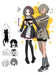 Rule 34 | 5girls, absurdres, awa subaru, black dress, black footwear, black shorts, black thighhighs, brown coat, brown hair, carrying, carrying person, cat, checkered clothes, checkered shirt, closed eyes, coat, collared shirt, commentary, dark-skinned female, dark skin, dress, ebizuka tomo, girls band cry, grey hair, grey socks, hashtag-only commentary, highres, iseri nina, kawaragi momoka, long hair, long sleeves, medium hair, mole, multicolored hair, multiple girls, open mouth, red eyes, roots (hair), rupa (girls band cry), sandals, serien, shirt, short hair, short twintails, shorts, smile, snake, socks, sparkle, spoken animal, sweat, thighhighs, thought bubble, togenashi togeari, twintails, two-tone background, white background, yellow background