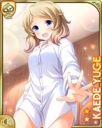 Rule 34 | 1girl, bare legs, barefoot, blonde hair, blue eyes, bottomless, card, character name, day, dress shirt, girlfriend (kari), indoors, official art, open mouth, qp:flapper, shirt, solo, surprised, tagme, white shirt, yuge kaede