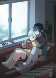 Rule 34 | 2boys, alternate costume, arknights, aruke0, barefoot, black hair, black hoodie, black shorts, blanket, blue eyes, book, commentary, condensation, couch, cup, faust (arknights), full body, grey socks, head rest, highres, hood, hoodie, hug, hug from behind, indoors, long sleeves, mephisto (arknights), mug, multiple boys, no shoes, open book, pants, pillow, plant, pointy ears, reading, red pupils, shorts, snake tail, socks, sweater, table, tail, white hair, white pants, window, yaoi, yellow eyes, yellow sweater