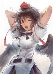 Rule 34 | 1girl, ;o, arms behind head, arms up, belt, black belt, black bow, black bowtie, black hair, black skirt, black wings, blush, bow, bowtie, breasts, commentary, cowboy shot, feathered wings, hair between eyes, hat, highres, large breasts, looking at viewer, matsuda (matsukichi), one eye closed, open mouth, pleated skirt, red eyes, shameimaru aya, shirt, short hair, simple background, skirt, solo, tassel, tears, tokin hat, touhou, white background, white shirt, wings