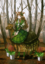 Rule 34 | 1girl, animal, animal ears, antlers, autumn, black dress, black sleeves, bow, bowtie, brown hair, centauroid, commentary, day, deer, deer ears, deer girl, dress, ear bow, english commentary, flower, forest, green bow, green dress, grey eyes, hair bow, holding, holding flower, horns, lace, lace-trimmed dress, lace trim, layered dress, layered sleeves, long dress, long hair, long sleeves, looking at viewer, nature, noki (affabile), original, outdoors, plant, pleated dress, potted plant, puffy short sleeves, puffy sleeves, short dress, short over long sleeves, short sleeves, smile, standing, tassel, taur, white bow, white bowtie, white sleeves