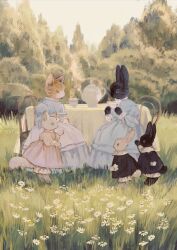 Rule 34 | absurdres, animal, animal focus, barefoot, black dress, black rabbit (animal), blue dress, brown eyes, cat, chair, child, closed eyes, closed mouth, clothed animal, cup, day, dress, embroidery, flower, frilled dress, frilled shirt collar, frills, grass, grey eyes, highres, holding, holding cup, layered dress, long dress, long sleeves, no humans, on chair, orange eyes, original, overcast, pink dress, puffy long sleeves, puffy sleeves, rabbit, sitting, sky, slit pupils, standing, steam, tablecloth, tea party, teabag, teacup, teapot, tono (rt0no), tree, white cat, white flower, white rabbit (animal), white sky