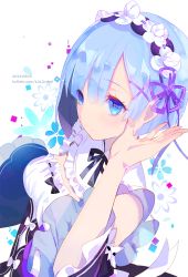 10s 1girl 2016 arm_up astarone blue_eyes blue_hair breasts dated detached_sleeves female_focus frills hair_ornament hair_ribbon hairband maid maid_headdress matching_hair/eyes medium_breasts re:zero_kara_hajimeru_isekai_seikatsu rem_(re:zero) ribbon short_hair smile solo twitter_username watermark web_address x_hair_ornament