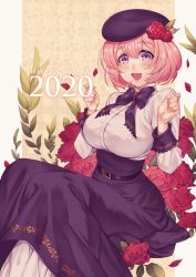 Rule 34 | 1girl, 2020, artist name, black skirt, blush, breasts, happy new year, highres, large breasts, long sleeves, looking at viewer, mijajure, new year, open mouth, original, pink hair, purple eyes, short hair, skirt, smile, solo