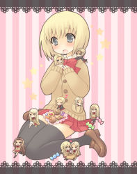 Rule 34 | 00s, 6+girls, agatha, arms behind head, black thighhighs, blonde hair, blush, brown hair, candy, cardigan, checkerboard cookie, chibi, clare (claymore), claymore (series), cookie, deneve, flora (claymore), food, frown, galatea, grey eyes, happy, heart, helen, holding, irene, jean (claymore), leaning back, loafers, long hair, multiple girls, open mouth, pocopoco, pointy ears, shoes, short hair, sitting, skirt, smile, star (symbol), striped, striped background, sweets, teresa, thighhighs, undine (claymore), very long hair, yuma (claymore)