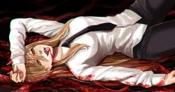 Rule 34 | 1girl, black necktie, black pants, blonde hair, blood, blood on clothes, blood on face, blood on hands, chainsaw man, from side, half-closed eyes, hand up, highres, horns, hoshi san 3, long hair, long sleeves, looking at viewer, looking to the side, lying, necktie, on back, orange eyes, pants, power (chainsaw man), shirt, smile, solo, tongue, tongue out, very long hair, white shirt