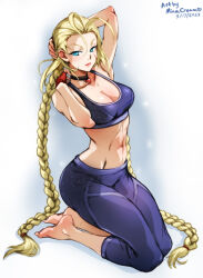 Rule 34 | 1girl, antenna hair, artist name, barefoot, blonde hair, blue eyes, blush, braid, breasts, cammy white, choker, dated, fingerless gloves, gloves, long hair, looking at viewer, medium breasts, mina cream, pants, red gloves, scar, signature, sports bra, street fighter, street fighter 6, twin braids, twintails, very long hair, yoga pants