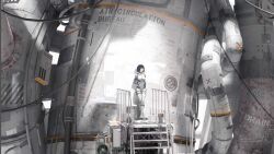 Rule 34 | 1girl, air conditioner, arms behind back, black hair, bodysuit, cable, full body, highres, industrial, industrial pipe, looking to the side, original, science fiction, short hair, solo, stairs, standing, sunlight, white bodysuit, wire, ya yan