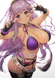 Rule 34 | 1girl, :q, arms up, bb (fate), bb (fate) (all), bb (swimsuit mooncancer) (fate), bb (swimsuit mooncancer) (second ascension) (fate), belt, bikini, black garter belt, black gloves, blush, breasts, cleavage, closed mouth, collarbone, commentary request, double v, fate/grand order, fate (series), fingerless gloves, garter belt, garter straps, gloves, gradient background, grey background, gyaru, hairband, highleg, highleg bikini, large breasts, long hair, looking at viewer, micro shorts, navel, purple bikini, purple eyes, purple hair, pyz (cath x tech), shorts, smile, solo, swimsuit, tan, tongue, tongue out, v, v-shaped eyebrows, very long hair, white background