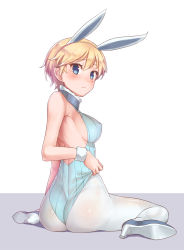 Rule 34 | 10s, 1girl, adapted costume, adjusting clothes, animal ears, armband, ass, bare shoulders, blonde hair, blue eyes, blush, brave witches, breasts, closed mouth, collar, covered erect nipples, fake animal ears, from behind, full body, high heels, highres, konnyaku (kk-monmon), large breasts, leotard, looking at viewer, looking back, nikka edvardine katajainen, pantyhose, playboy bunny, rabbit ears, short hair, sideboob, simple background, sitting, solo, wariza, white background, white pantyhose, world witches series