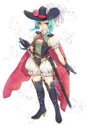 Rule 34 | 1girl, aqua hair, bang dream!, boots, braid, cape, cherry blossoms, cleavage cutout, clothing cutout, commentary, flower, full body, funyariko, gloves, green eyes, hat, hat flower, highres, hikawa hina, holding, holding sword, holding weapon, plume, puffy short sleeves, puffy shorts, puffy sleeves, rapier, scabbard, sheath, short sleeves, shorts, solo, sword, thigh boots, thighhighs, twin braids, weapon