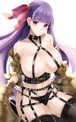 Rule 34 | 1girl, bare shoulders, belt collar, black legwear, black panties, blunt bangs, blush, breasts, claws, cleavage, collar, collarbone, fate/extra, fate/extra ccc, fate (series), garter belt, garter straps, hair ribbon, harness, highres, huge breasts, long hair, looking at viewer, navel, nicky w, open mouth, panties, passionlip (fate), pink eyes, pink ribbon, purple hair, revealing clothes, ribbon, simple background, solo, thighs, underbust, underwear, very long hair, white background